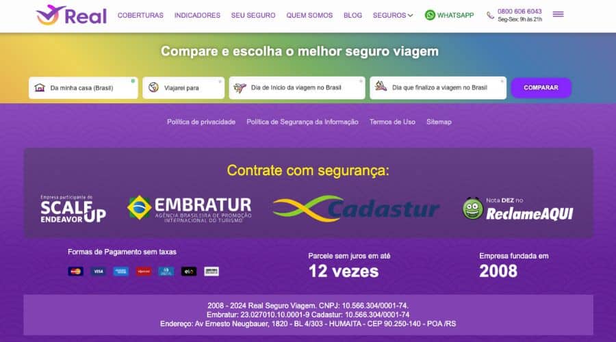 Página da Real Seguro Viagem com as informações do CNPJ, cadastro na Embratur e Cadastur