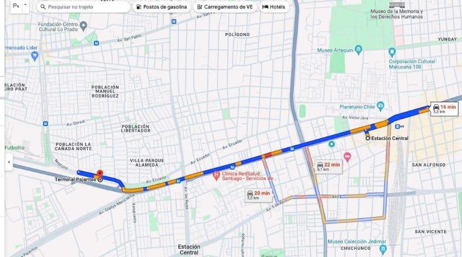 Mapa com a distância da Estación Central e Terminal Pajaritos