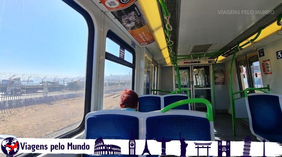 Interior de um trem durante o trajeto de Valparaíso a Viña del Mar com vista para a paisagem do lado de fora e o mar do pacífico ao mundo