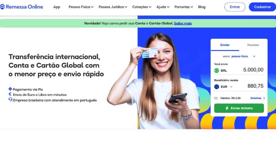 Página principal da Remessa Online