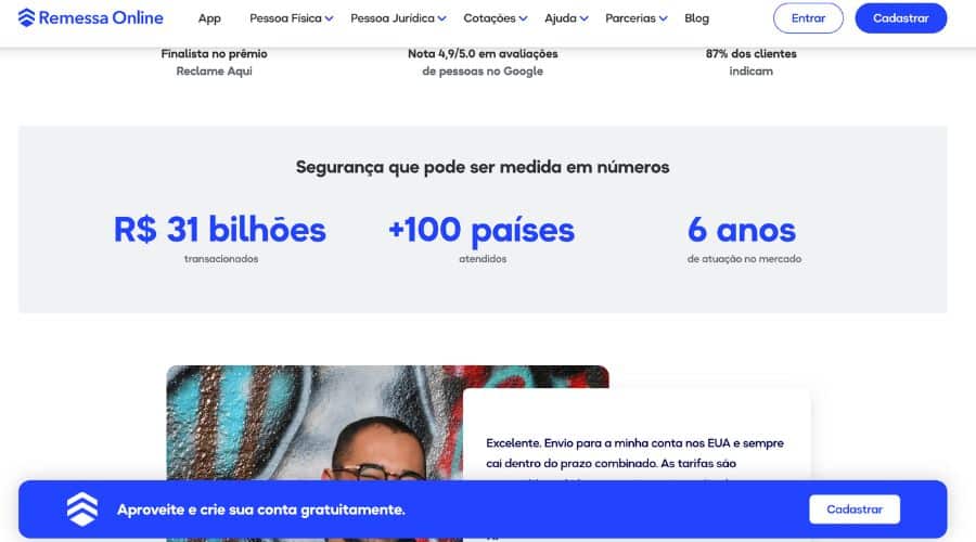 Remessa online é seguro: Página que explica sobre a segurança da plataforma