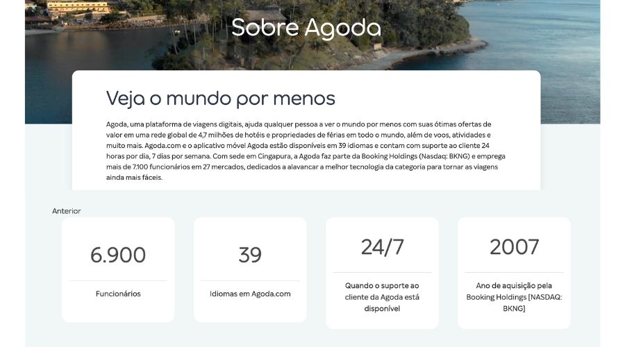 Página que conta a história da Agoda