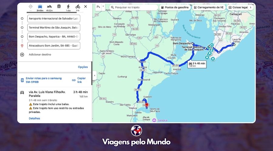 Maps indicando o trajeto de Salvador até Morro de São Paulo