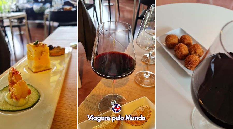Alguns dos vinhos e petisco que provamos durante a degustação.