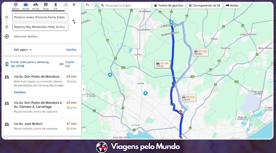 Mapa que mostra a distância de Montevidéu até a Pizzorno