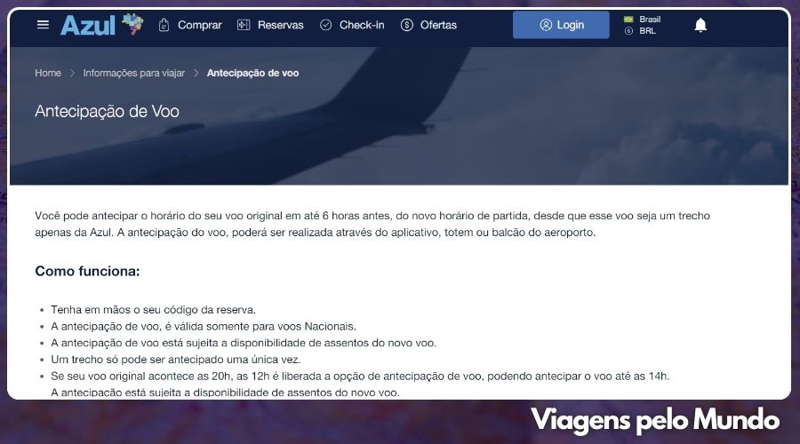 Site da Azul na página com informações e regras para antecipar voo.