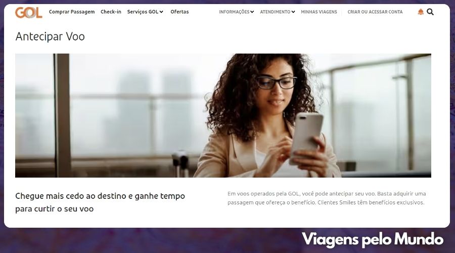 Site da Gol na página com informações e regras para antecipar voo.