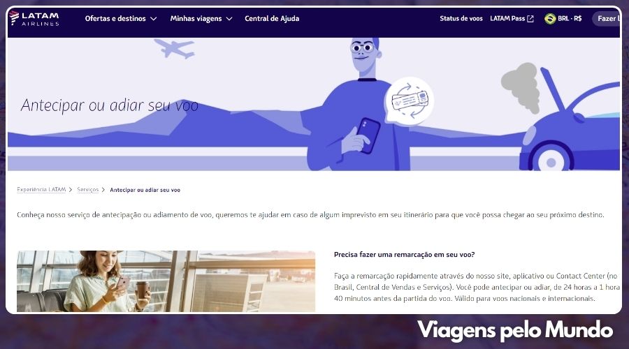 Site da Latam na página com informações e regras para antecipar voo e adiar voo.